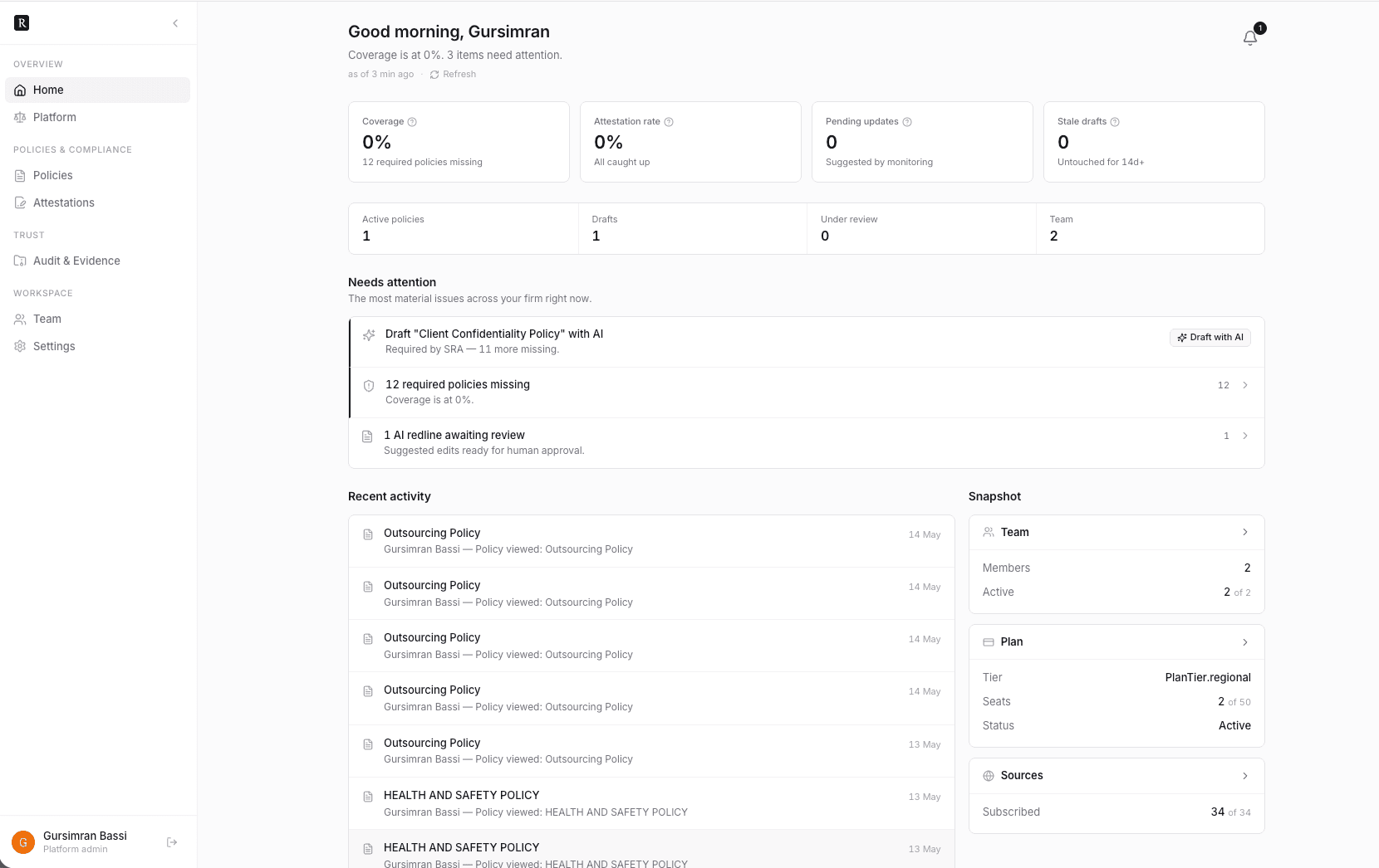 Reglo compliance dashboard showing policy tracking, attestations, and audit trail